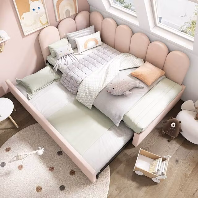 ModernLuxe Pink Velvet Upholstered Childrens Daybed with Pull-out Guest Bed, W/D/H: 90 x 190 x 76 cm