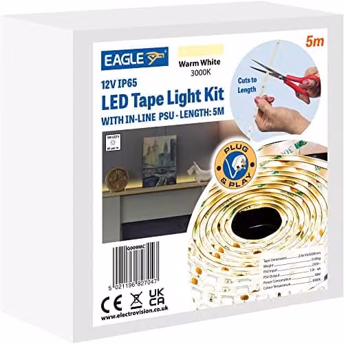 Eagle 12V IP65 Warm White 3000K LED Tape Light Kit 5m with Power Supply – 2