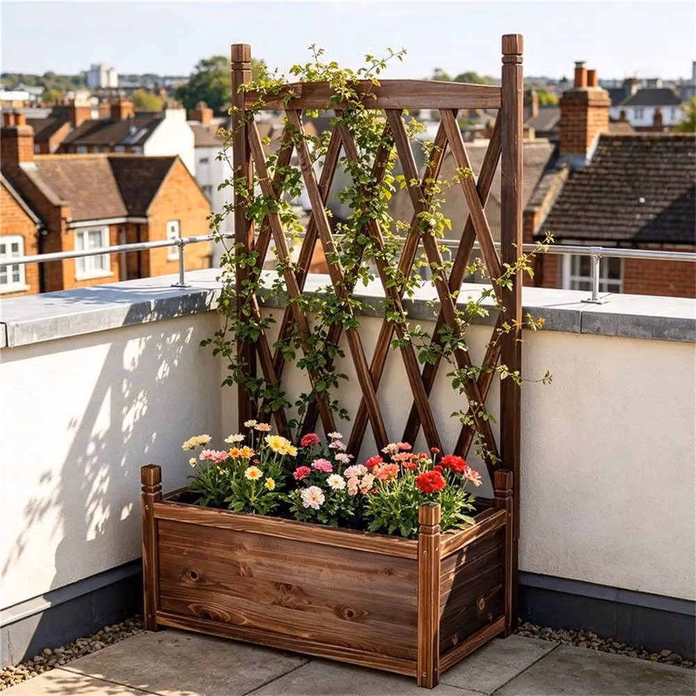 NESTLUNE Wooden Raised Bed Planter with Trellis in Brown, W/D/H: 64 x 36.5 x 115 cm – 5