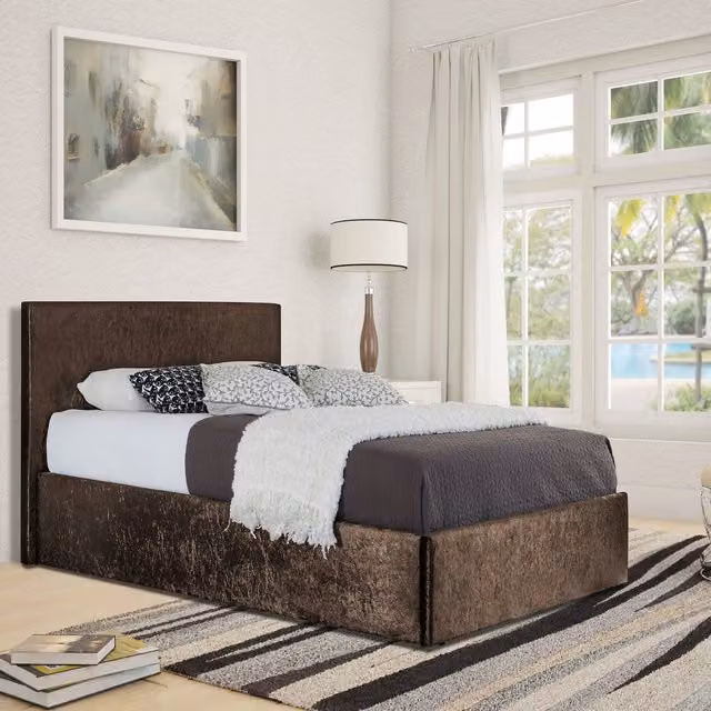 Comfy Living Brown Velvet Upholstered Ottoman Bed Frame, W/D/H: 140 x 200 cm