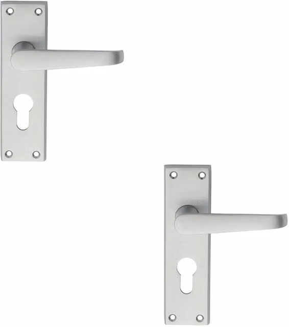 Loops 2x Pair Straight Victorian Handle on Euro Lock Backplate in Satin Chrome, W: 150 mm, H: 43 mm