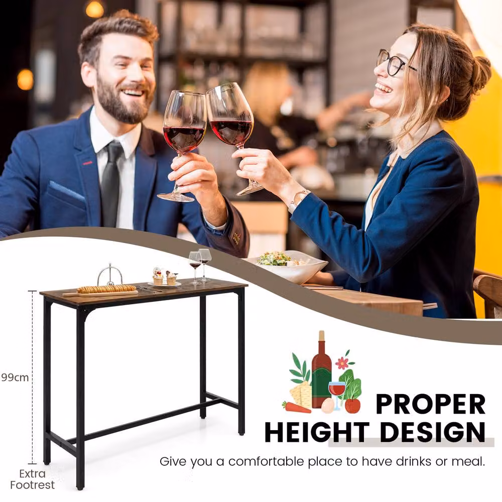 Costway Brown Industrial Bar Table with Footrest and Steel Frame, Width: 120 cm – 5