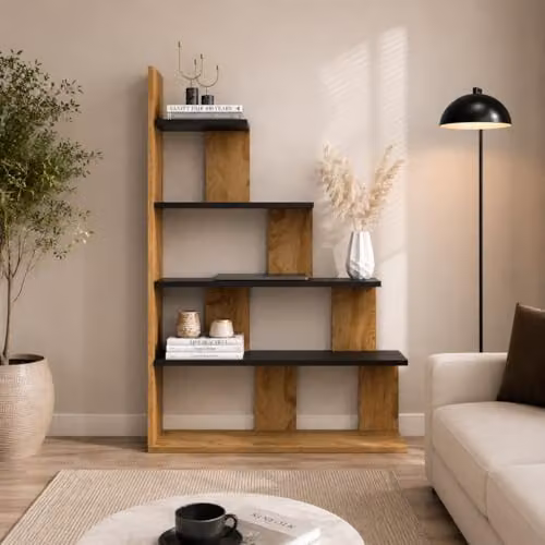 DECOROTIKA Echo 5-Tier Modern Ladder Style Accent Bookcase and Display Shelf in Oak and Black, Height: 120 cm
