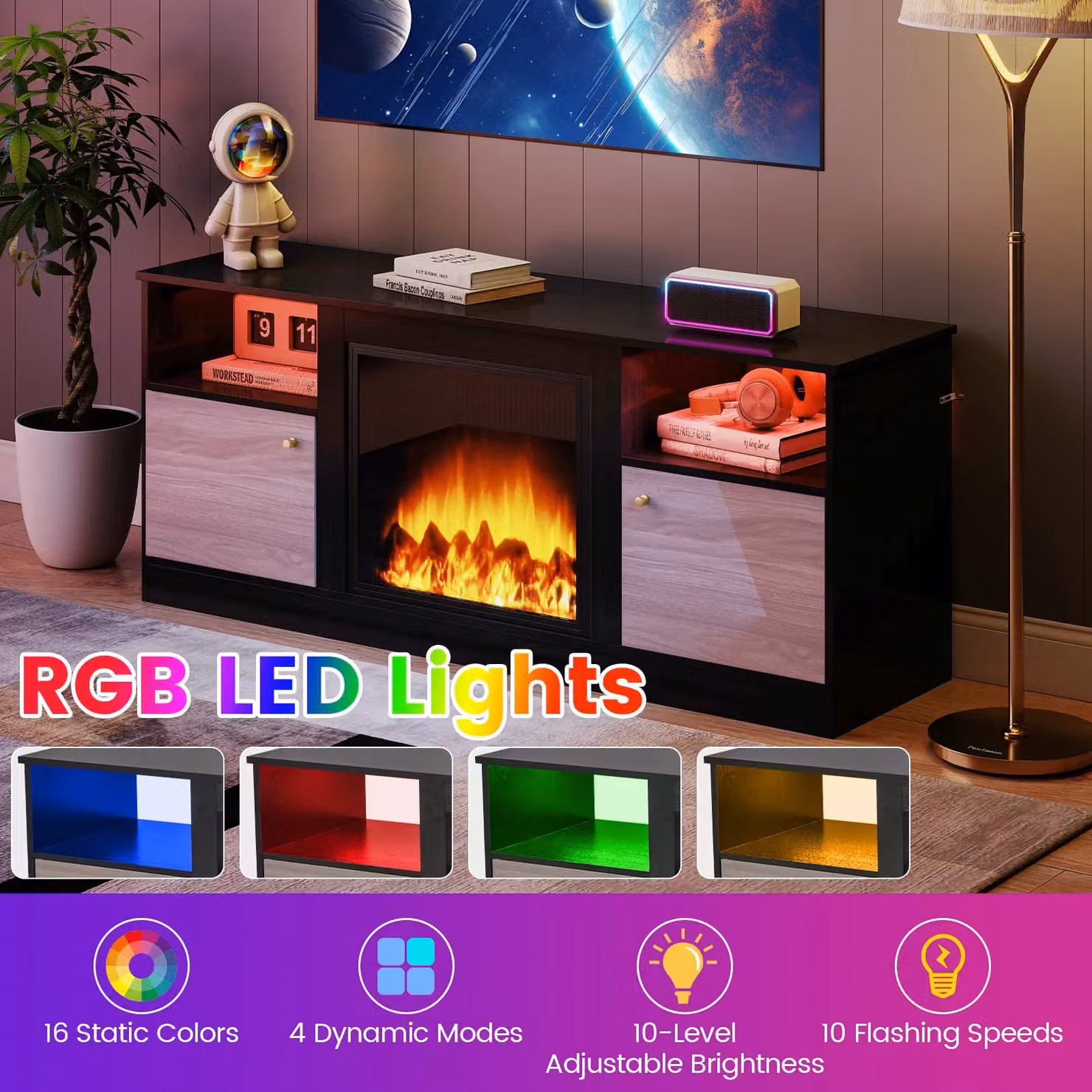 Costway Modern Black Entertainment Centre TV Stand with LED Lights for up to 65 inch TVs – 3