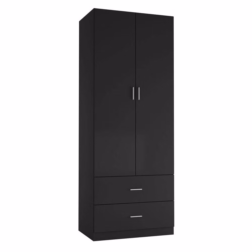 FORGEVIO Black Wooden Compact Wardrobe with 2 Doors and 2 Integrated Drawers – 4