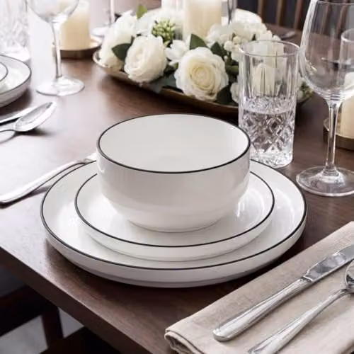 Waterside 12-Piece White Porcelain Dinner Set with Black Rim, including 4 Dinner Plates, Side Plates and Deep Bowls, Stackable, Dishwasher and Microwave Safe – 2