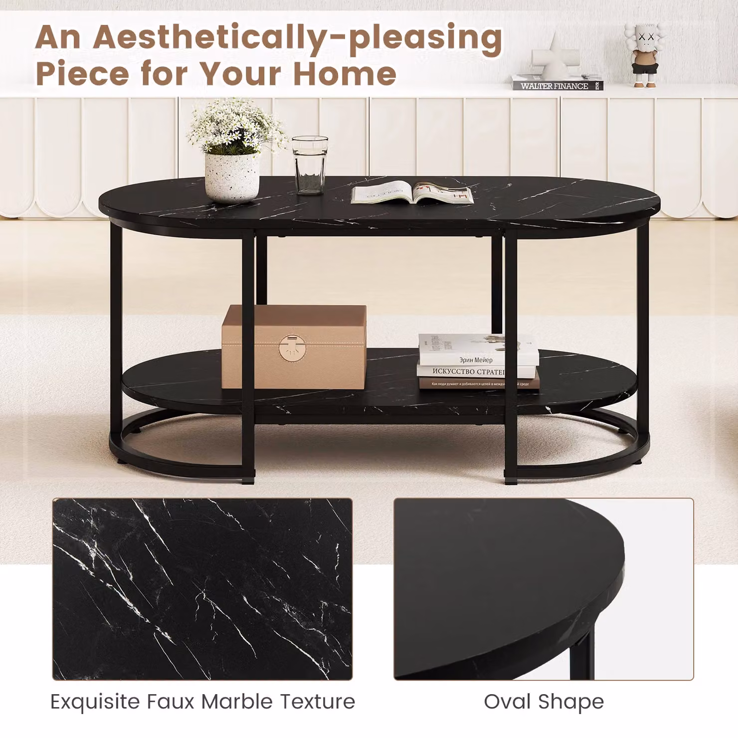 Gymax Modern 2-Tier Marble Coffee Table with Geometric Oval Shelf in Black – 9