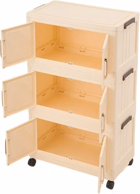 Living and Home 3-Tier Foldable Rolling Plastic Storage Cabinet with Magnetic Doors in Beige