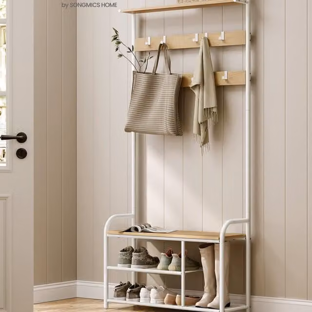 VASAGLE Industrial Hall Tree with Bench, Hooks and Shelves, Yellow