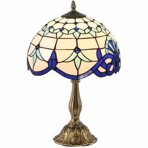 HOMCOM Tiffany Stained Glass Table Lamp in Blue with Antique Copper and Gold/Brass Finish – 1