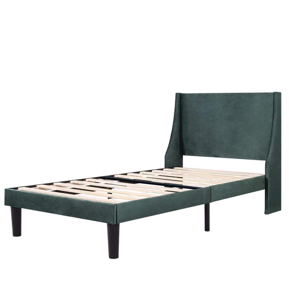 STILVORA Single Upholstered Velvet Bed Frame with Winged Headboard in Green, W/D/H: 90 x 190 cm – 4