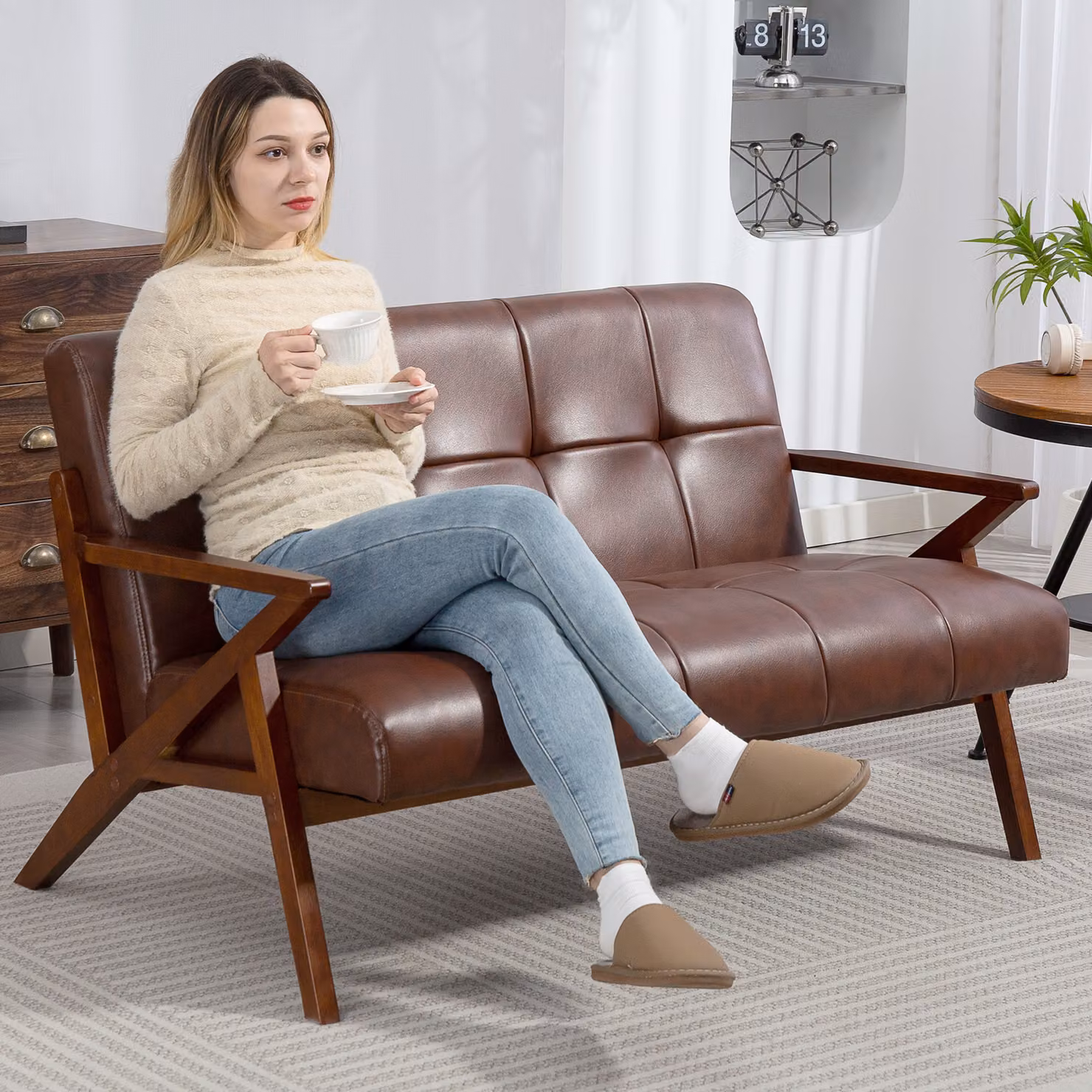 HOMCOM Compact 2 Seater Vintage Tufted Loveseat Sofa in Brown PU Leather, W/D/H: 133 x 81 x 78.5 cm – 2