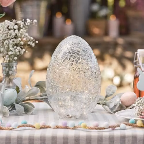 Lights4fun 50 LED Crackle Glass Easter Egg Decoration, Silver, White and Transparent, H 21 cm x W 15 cm x D 15 cm – 2