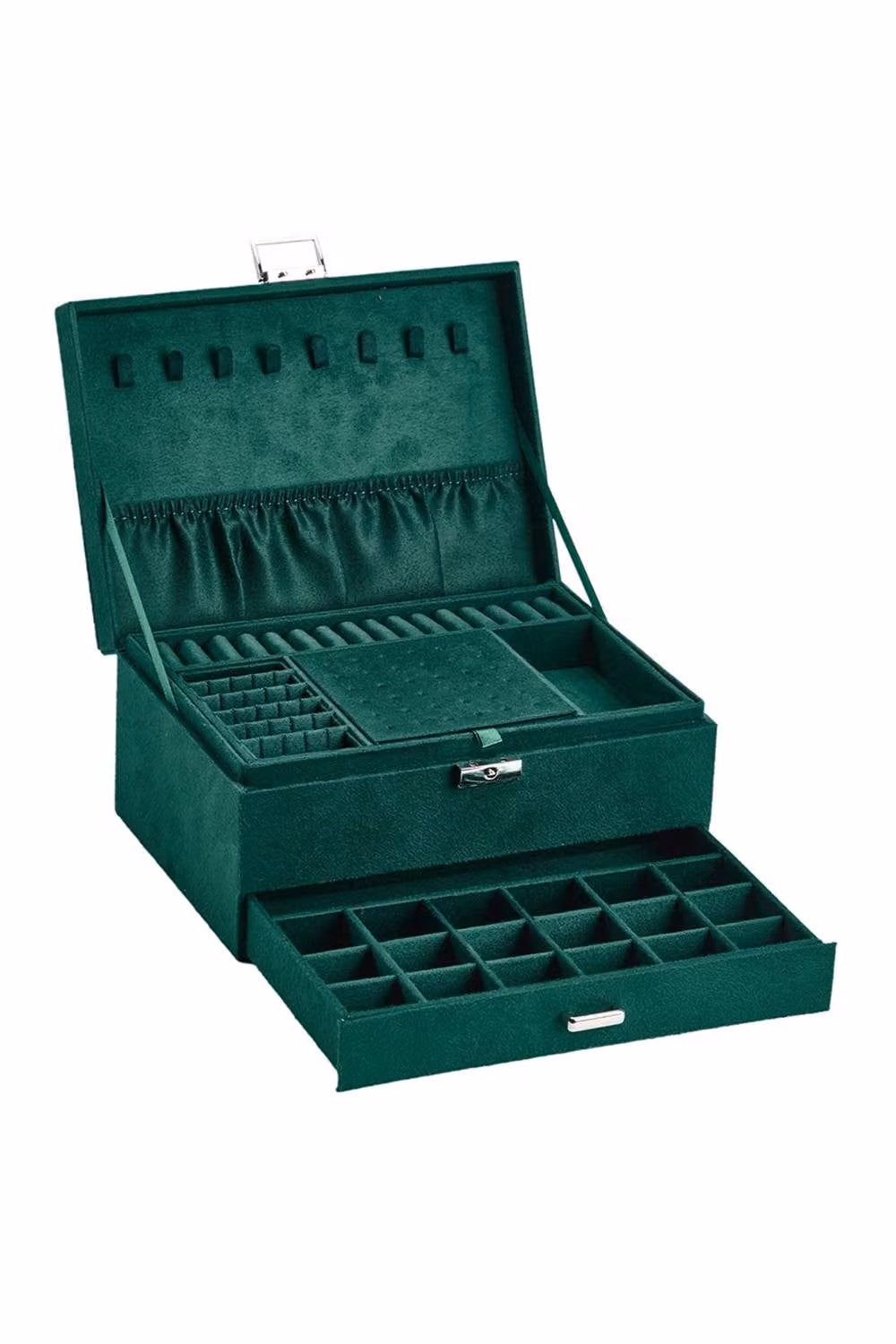ExtraStar 3-Tier Velvet Jewellery Box with Lock in Green, W: 24.0 cm, D: 11.0 cm, H: 1.0 cm – 3