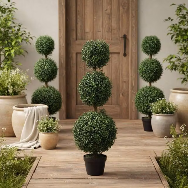 Wyld Haus Rafile Set of 2 Artificial Green Boxwood Topiary Trees with Triple Ball Design – 1