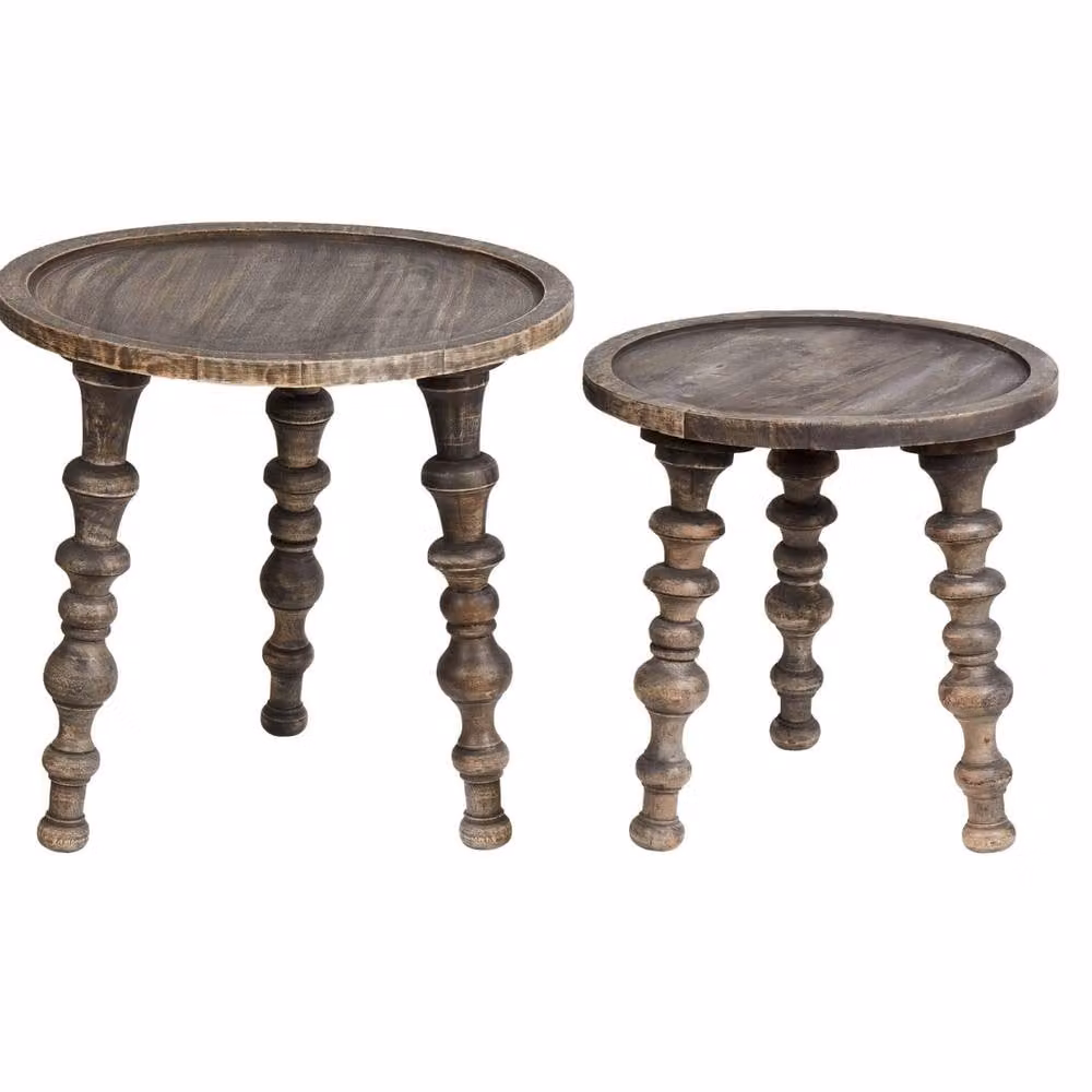 Wyld and Coco Set of 2 Brown Mango Wood Side Tables with Round Nested Tops and Rustic Lacquered Finish – 2