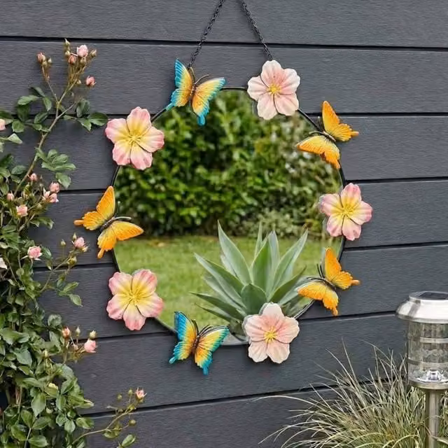 Garden Greatness Multicolour Hanging Floral Butterfly Garden Mirror, W/D/H: 40 x 40 x 40 cm