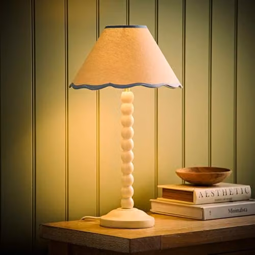 ValueLights Bobbin Blue Trim Linen Shade Walnut Bobble Table Lamp with Bulb – 2