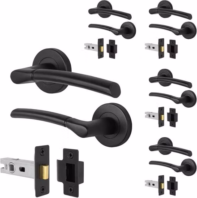 AFIT Matt Black Round Rose Internal Lever Door Handle with Latch, 5 Pairs, W/D/H: 15 x 15 x 6 cm