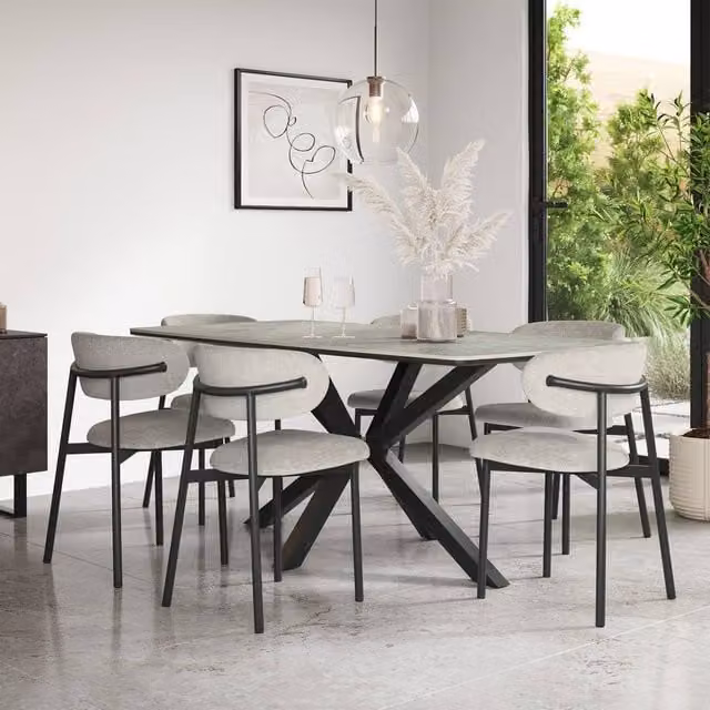 More4Homes Juno Light Grey Ceramic Rectangular Dining Table and 6 Myla Linen Chairs W/D/H: 180 x 90 x 75 cm – 1