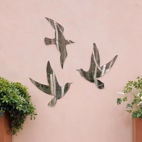 Primrose Bird Silhouette Acrylic Frameless Wall Mounted Mirror Set of 3 in Silver