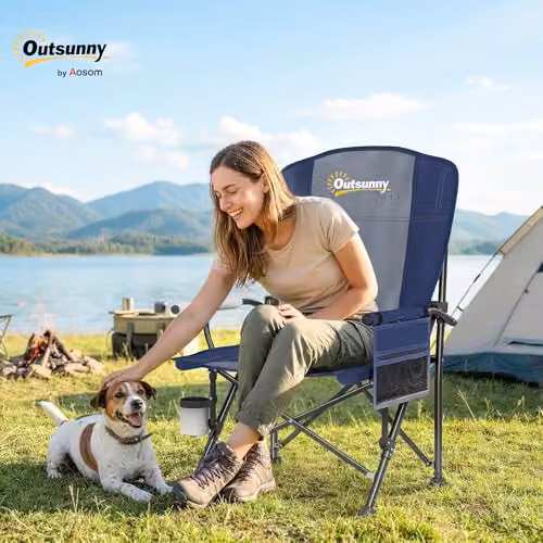 Outsunny Padded Camping Chair for Adults in Blue with Armrests and Cup Holders – 2
