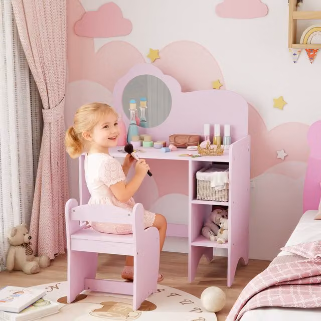 AIYAPLAY Kids Dressing Table with Mirror, Stool and Storage Shelves in Purple