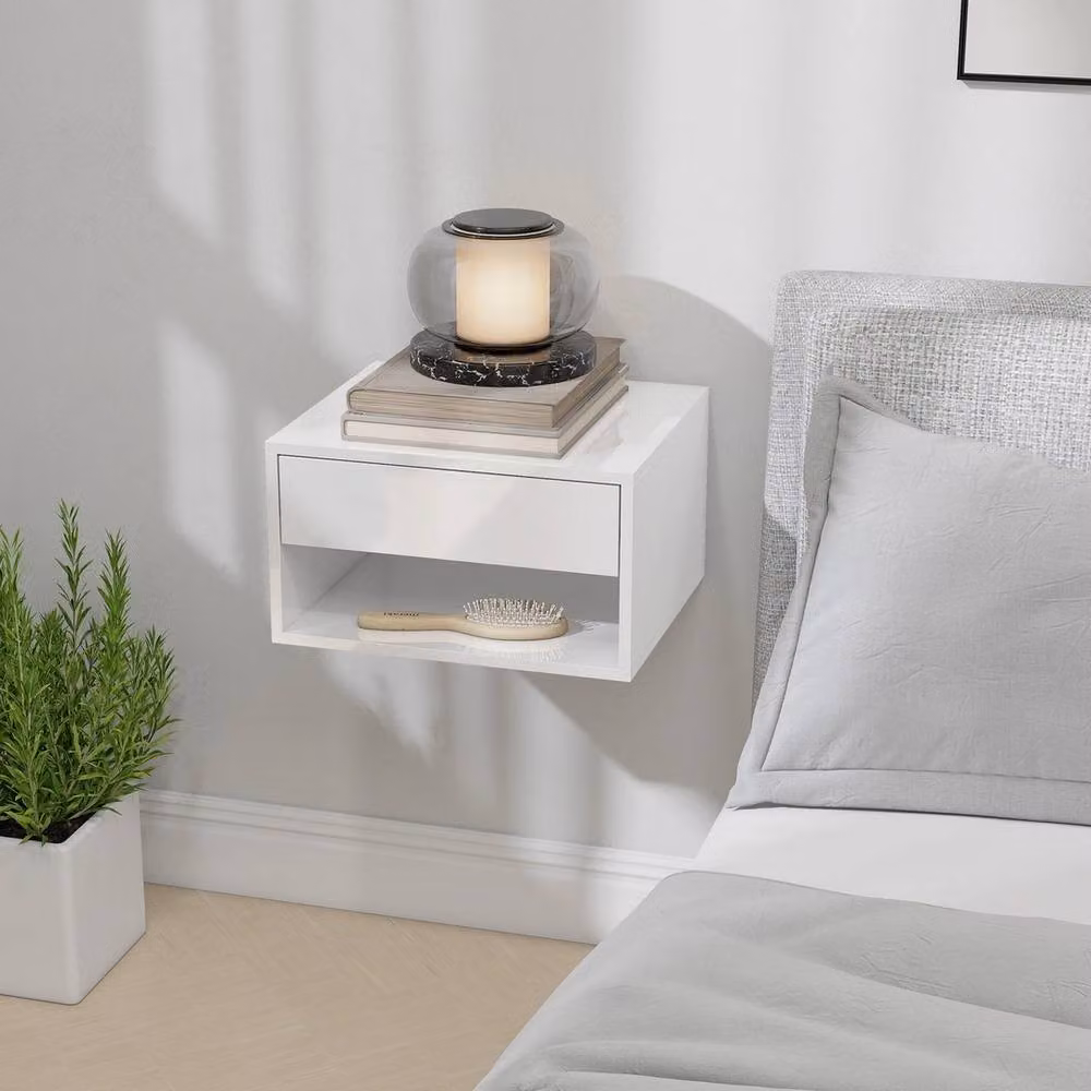 NESTLUNE Set of 2 White Floating Nightstands, Wall Mounted Bedside Tables, W: 100 cm, D: 15 cm – 2
