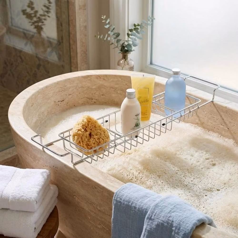 VOGREX Adjustable Rustproof Chrome Steel Extendable Bath Caddy Storage Tray in Silver – 2