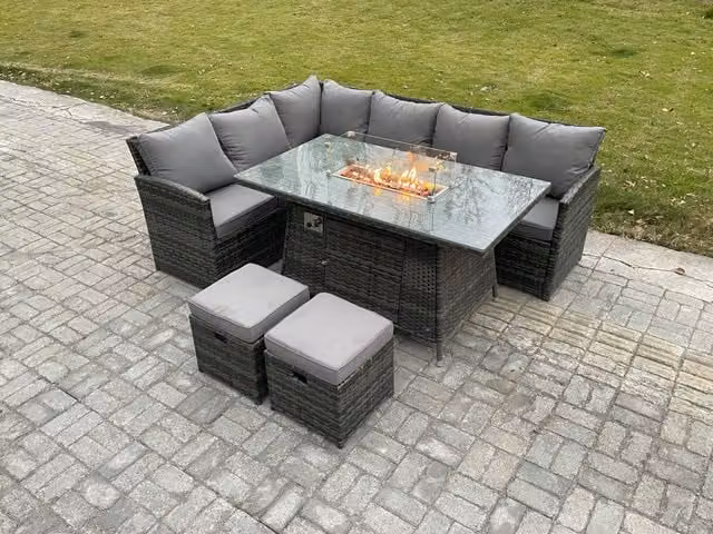 Fimous 8 Seater Rattan Garden Furniture Set with High Back Corner Sofa, Gas Fire Pit Dining Table and 2 Footstools in Dark Grey