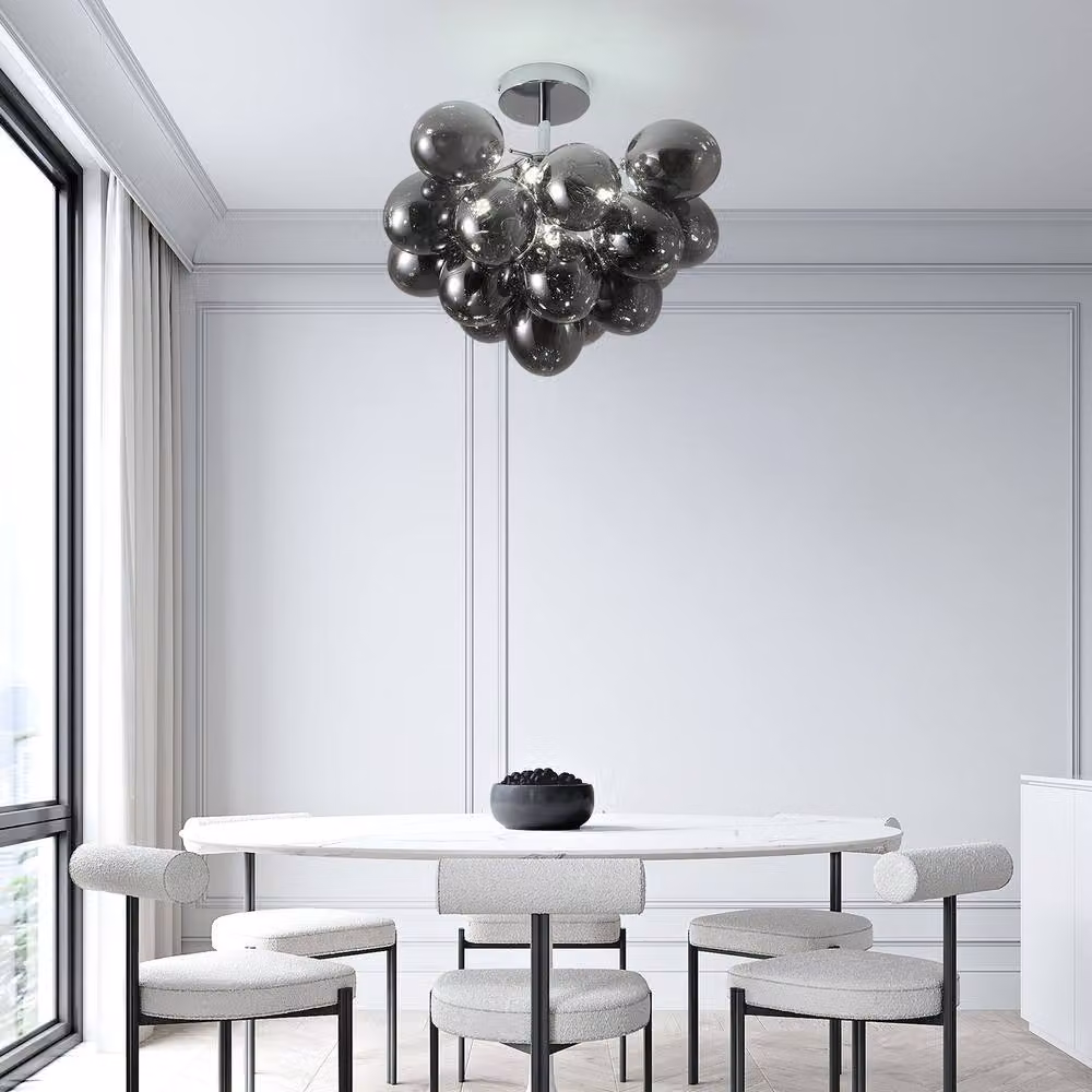 NIVOR 4 Light Sputnik Glass Bubble Pendant Chandelier in Pale Grey with Transparent Spheres and Adjustable Height – 4