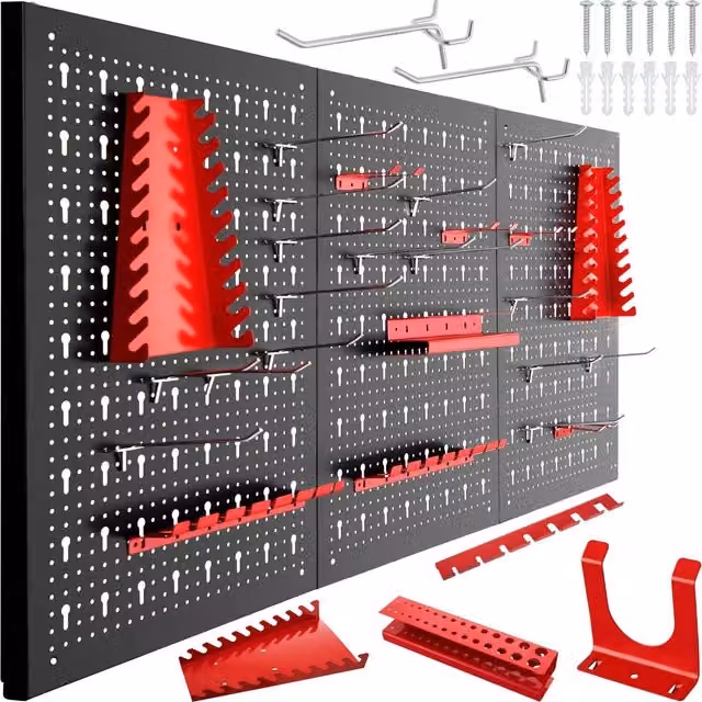 Tectake Steel Wall-Mounted Pegboard for Tools with 25 Hooks and Brackets, Black/Red