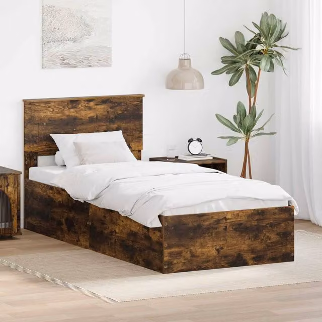 Berkfield Home Modern Bed Frame in Smoked Oak, Brown, W/D/H: 100 x 200 cm – 1