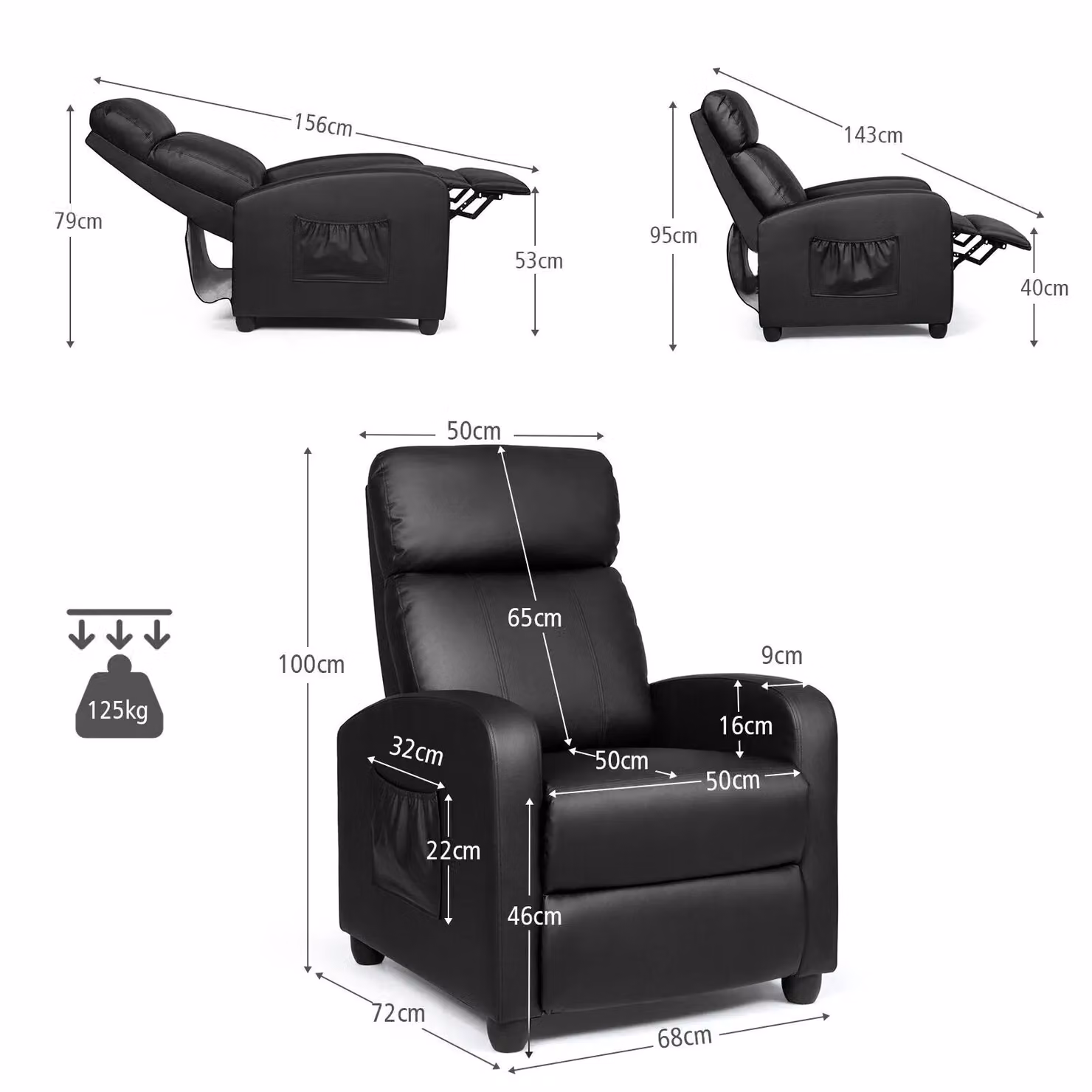 Gymax Black Synthetic Leather Upholstered Recliner Armchair with Adjustable Backrest and Metal Frame – 2