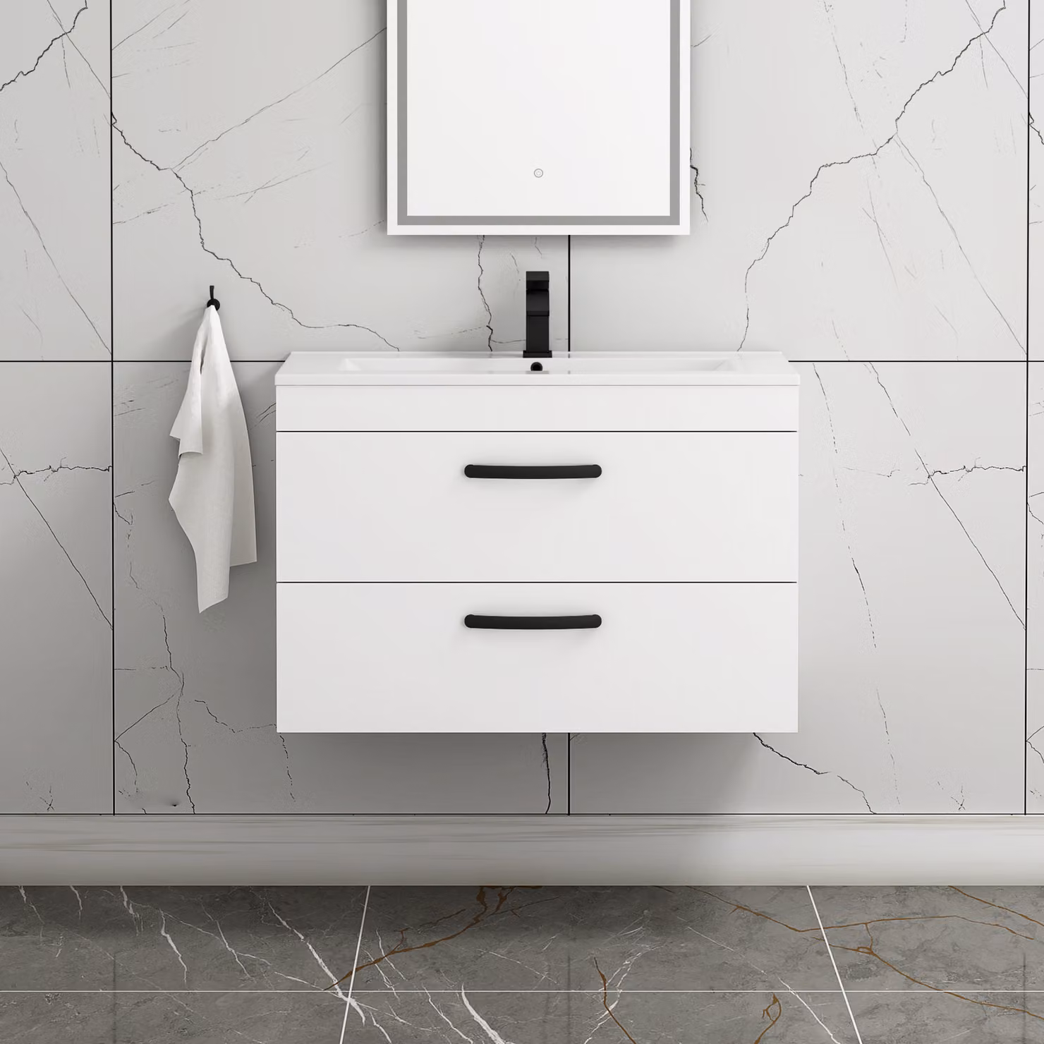 Royal Bathrooms Turin 800mm Gloss White Wall Hung Vanity Unit with 2 Drawers and Matt Black Handles