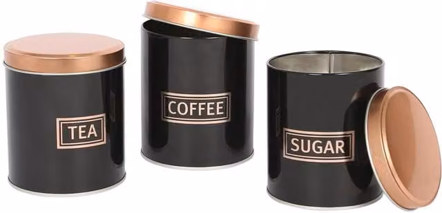 Harbour Housewares 3-Piece Airtight and Leakproof Metal Tea, Coffee and Sugar Canister Set in Black