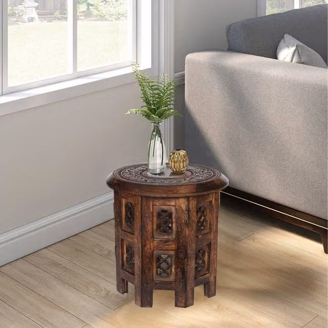 Topfurnishing Round Carved Wooden Coffee, Bedside or End Table in Brown, W/D/H: 38 x 38 x 38 cm