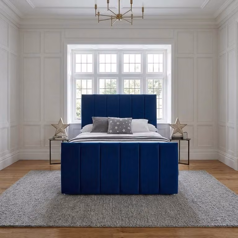 Tokyo Modern Blue Velvet Upholstered Divan Bed by Beds NK Ltd