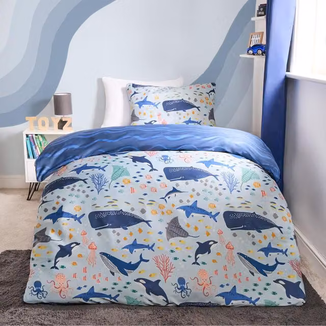 OHS Under The Sea Reversible Graphic Duvet Cover Set, Blue, Single, 90 x 190 cm