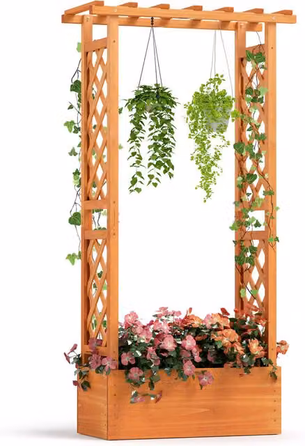 COSTWAY Orange Lacquered Wood Raised Garden Bed and Freestanding Planter Box