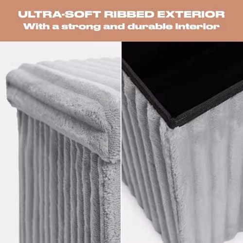 OHS Grey Ribbed Fleece Storage Ottoman Footstool with Lid, W/D/H: 80 x 40 x 40 cm – 3