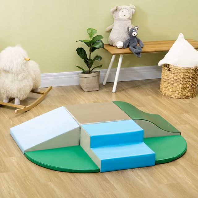 HOMCOM 6-Piece Foam Soft Playset with Stairs and Ramp in Green and Blue