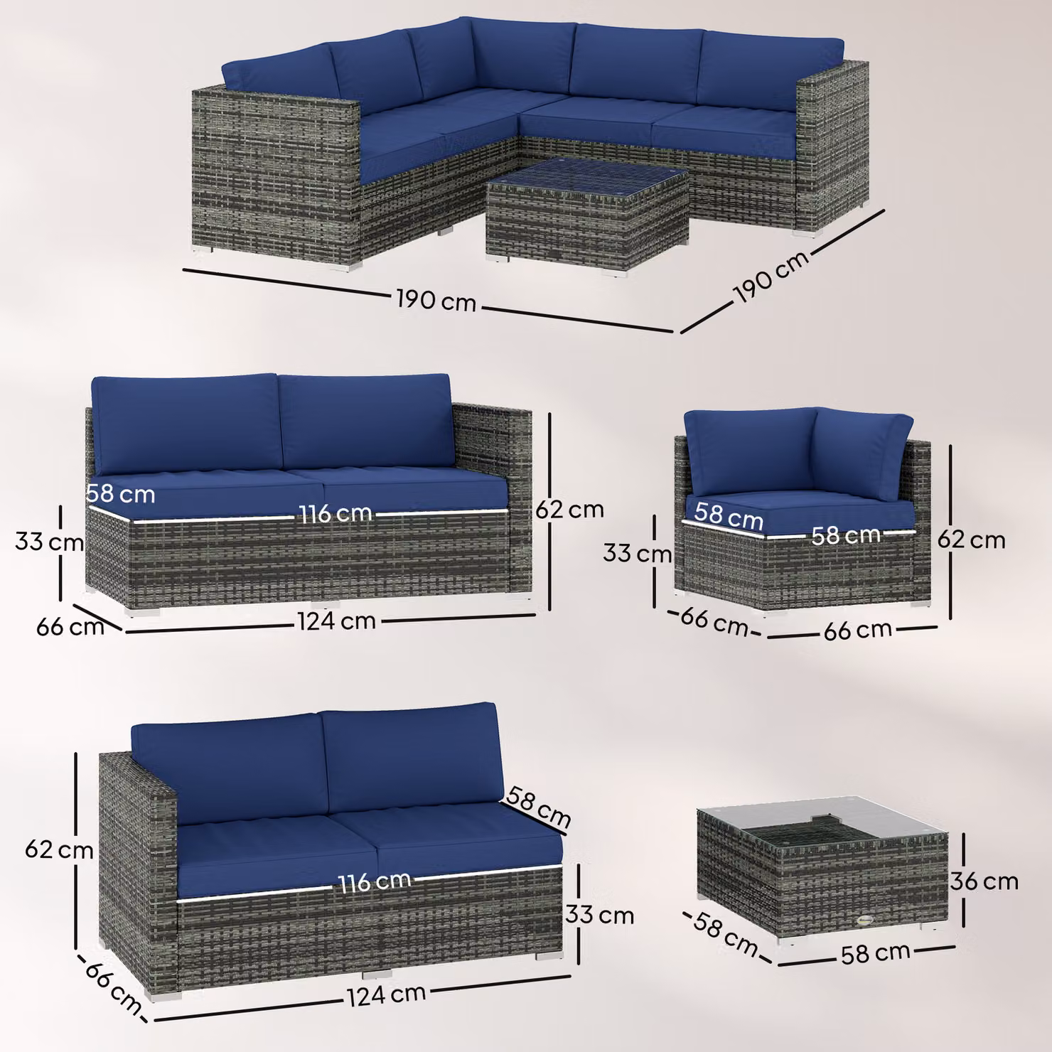 Outsunny 4-Piece Blue Rattan Garden Sofa Set with Cushions and Coffee Table – 3