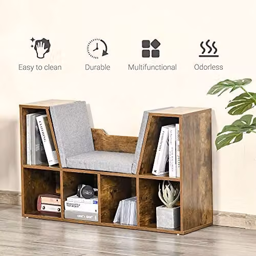 HOMCOM Bookcase Storage Shelf with Cushioned Reading Seat, Rustic Brown – 6