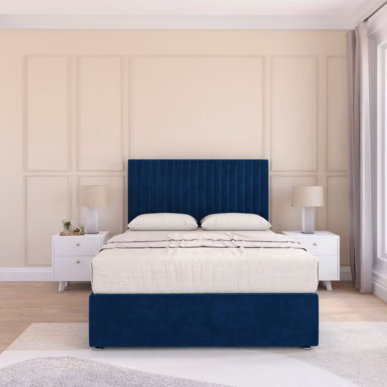 Sloomy Manhattan King Size Divan Bed Base and 26 inch Struts Headboard in Navy Blue Velvet