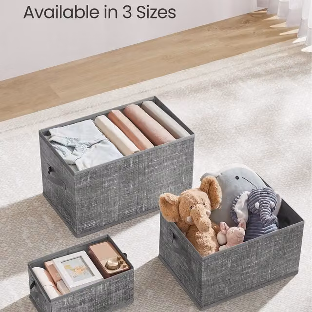 SONGMICS Set of 3 Collapsible Fabric Storage Boxes with Handles and Label Holders, Grey