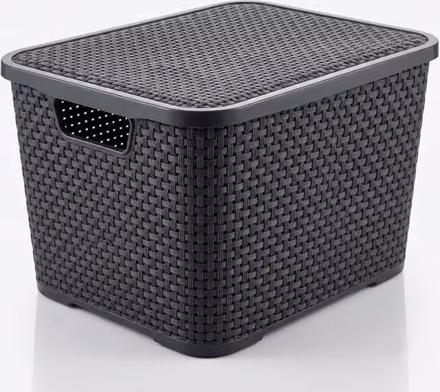 Storm Trading Group 2 Pack Grey Rattan Style Plastic Storage Baskets with Lids and Open Weave Design