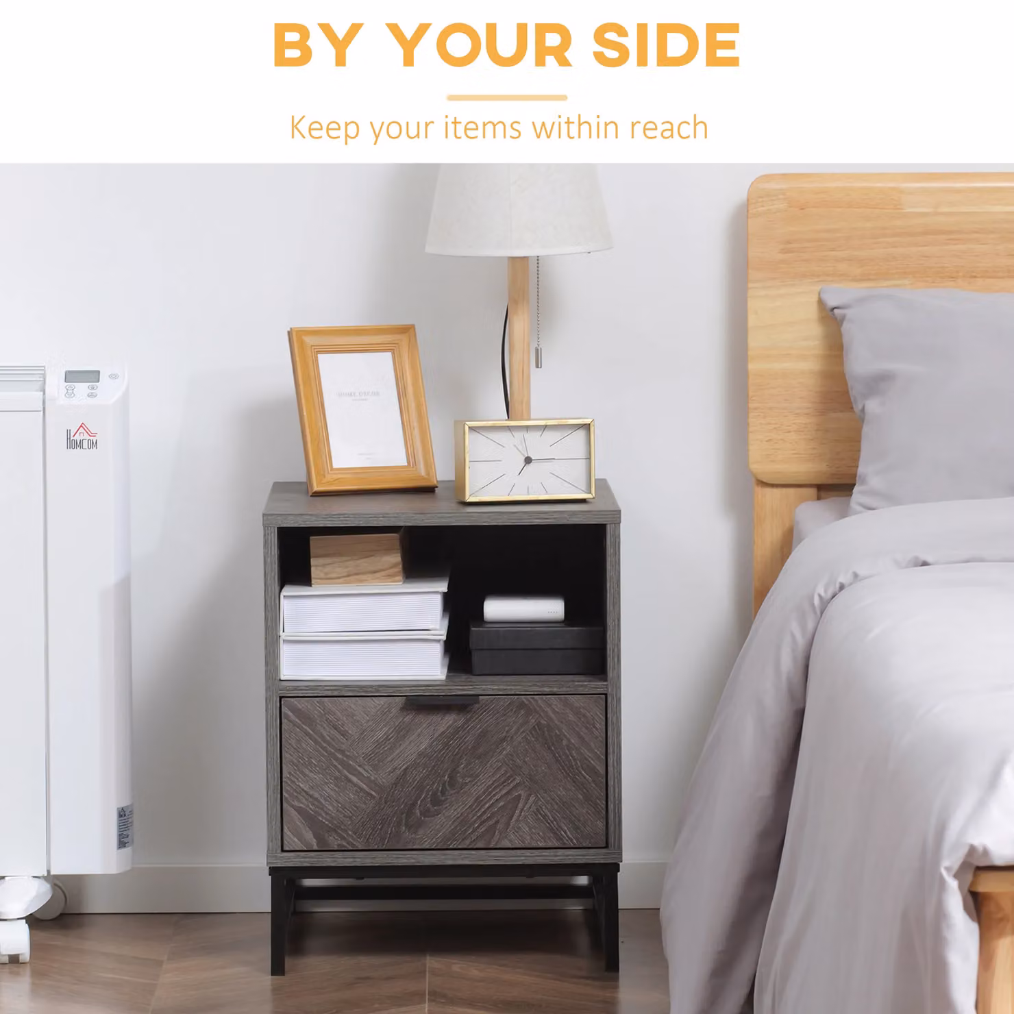 HOMCOM Industrial Bedside and Sofa Side Table with Drawer and Shelf in Dark Grey and Black – 3