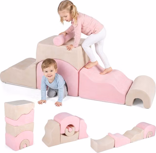 Costway 6 Piece Pink Kids Foam Stacking Climbing Toys with Washable Textile Covers