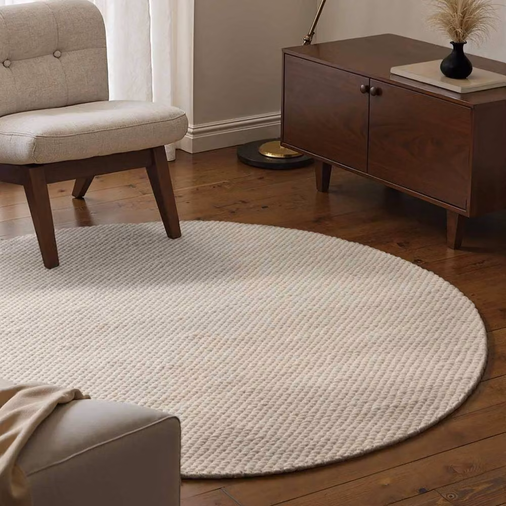 THE RUGS Lyon Handwoven Wool and Cotton Beans Round Rug in Beige and White, Diameter: 200 cm – 4